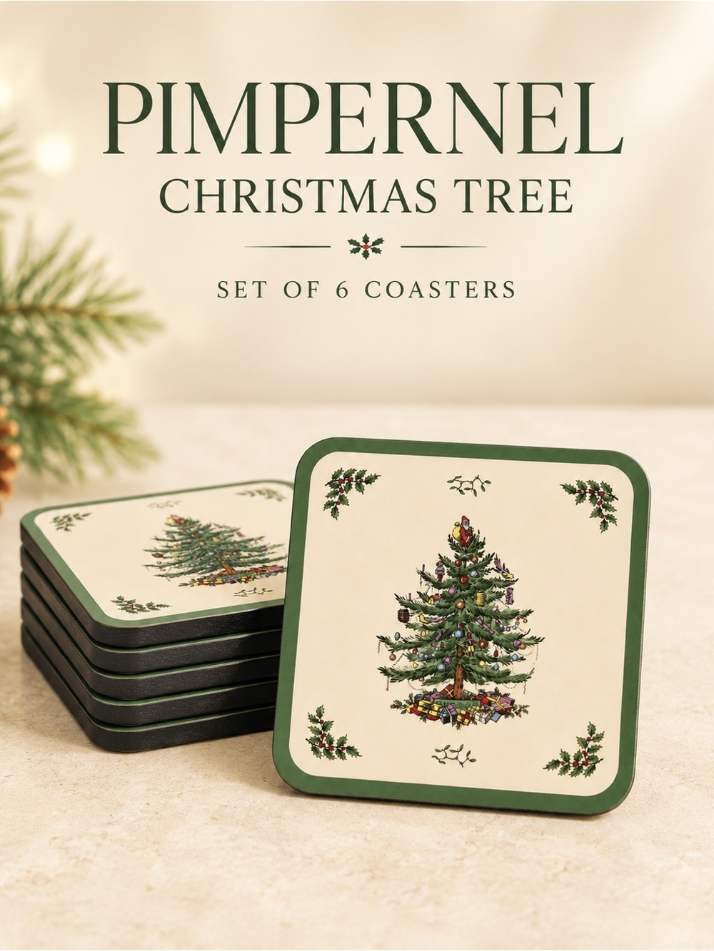 PIMPERNEL SPODE CHRISTMAS TREE COASTERS SET OF 6